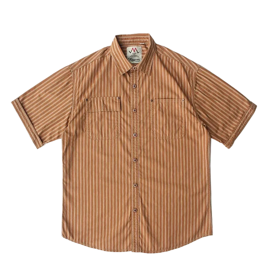 Cabana Striped Cotton Shirt in Mustard, front view, flat lay