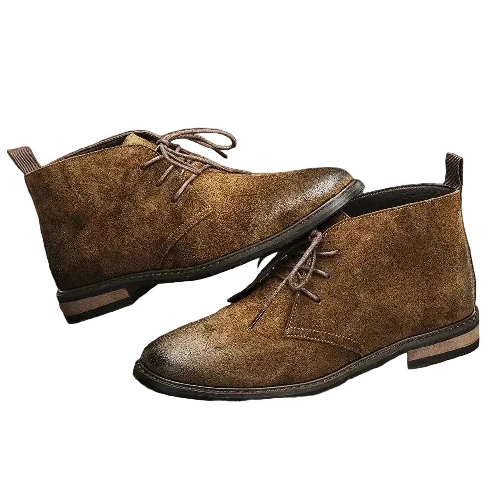 Pampa Suede Chukka Boot in Coffee, pair on a wooden floor