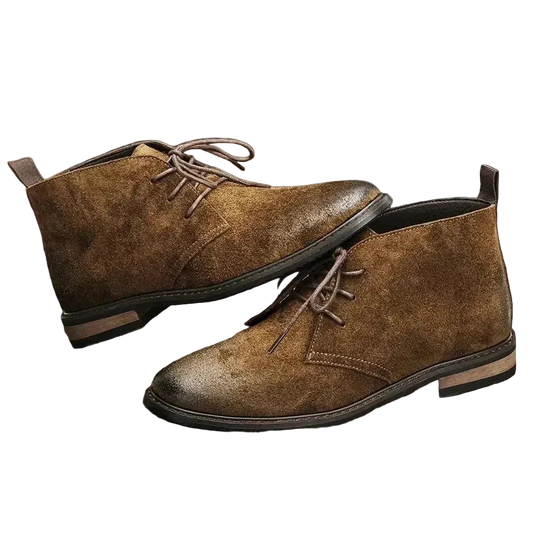 Pampa Suede Chukka Boot in Coffee, pair on a wooden floor