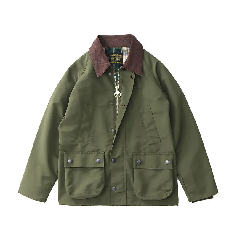 Highland Waxed Jacket in Army Green (unwaxed), laid flat