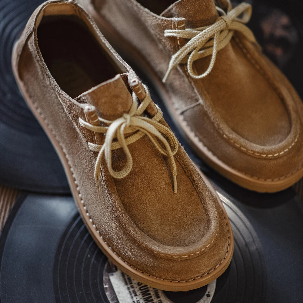 Close-up of the suede, the moc stitching and the rubber sole