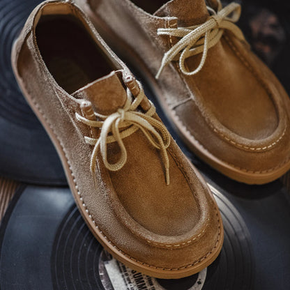 Close-up of the suede, the moc stitching and the rubber sole