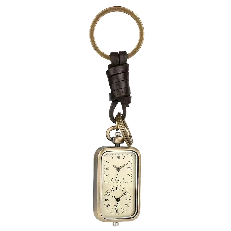Bronze Pocket Watch Keychain on white, ring, leather strap and watch