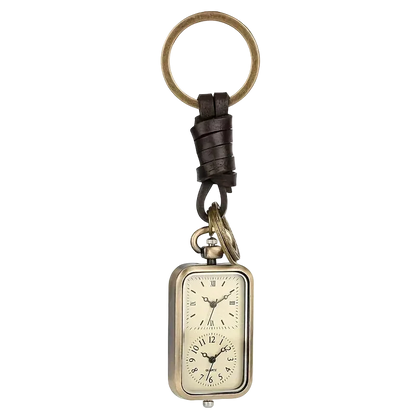 Bronze Pocket Watch Keychain on white, ring, leather strap and watch