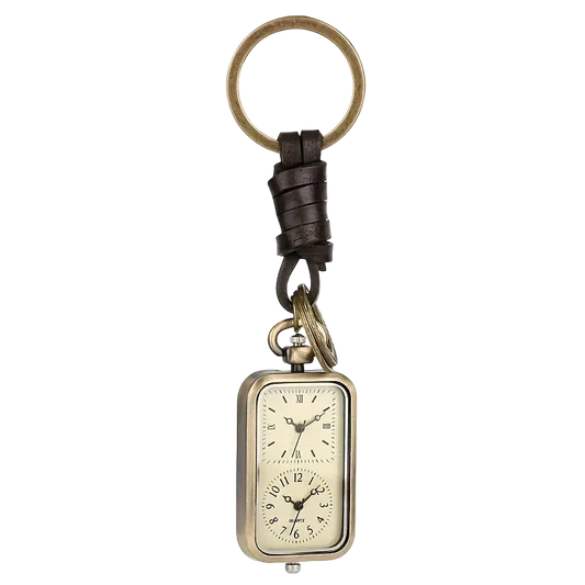 Bronze Pocket Watch Keychain on white, ring, leather strap and watch