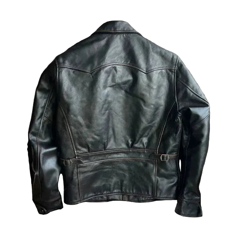 Garage Leather Jacket in Coffee, back view with the half belt