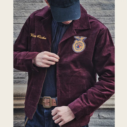 Rider Corduroy Jacket in Burgundy, worn, front