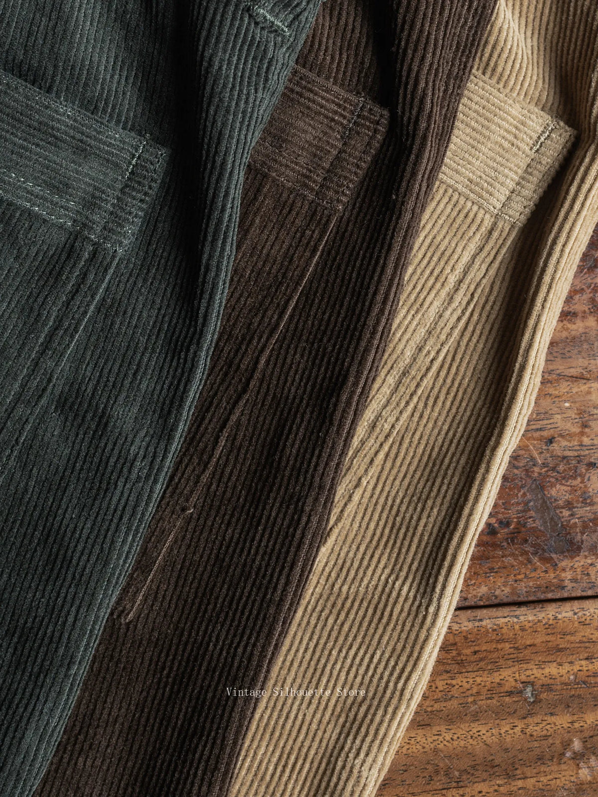 Close-up of the 14-wale corduroy in the three colors