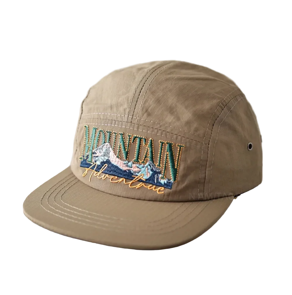 Mountain Adventure Camper Cap in Dark Khaki, front view with the embroidery
