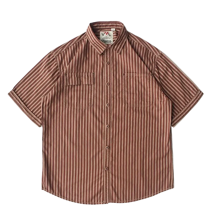 Cabana Striped Cotton Shirt in Terracotta, front view, flat lay