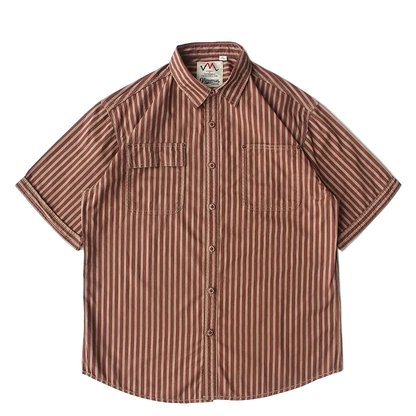 Cabana Striped Cotton Shirt in Terracotta, front view, flat lay