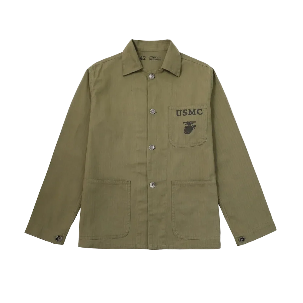 P41 Herringbone Utility Jacket in Army Green, front view on black, with the stencil on the chest pocket