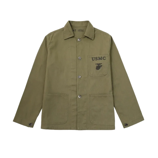 P41 Herringbone Utility Jacket in Army Green, front view on black, with the stencil on the chest pocket