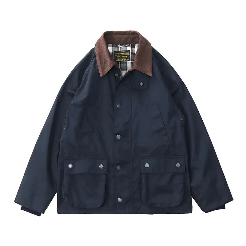 Highland Waxed Jacket in Navy Waxed, laid flat