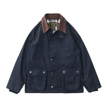 Highland Waxed Jacket in Navy Waxed, laid flat