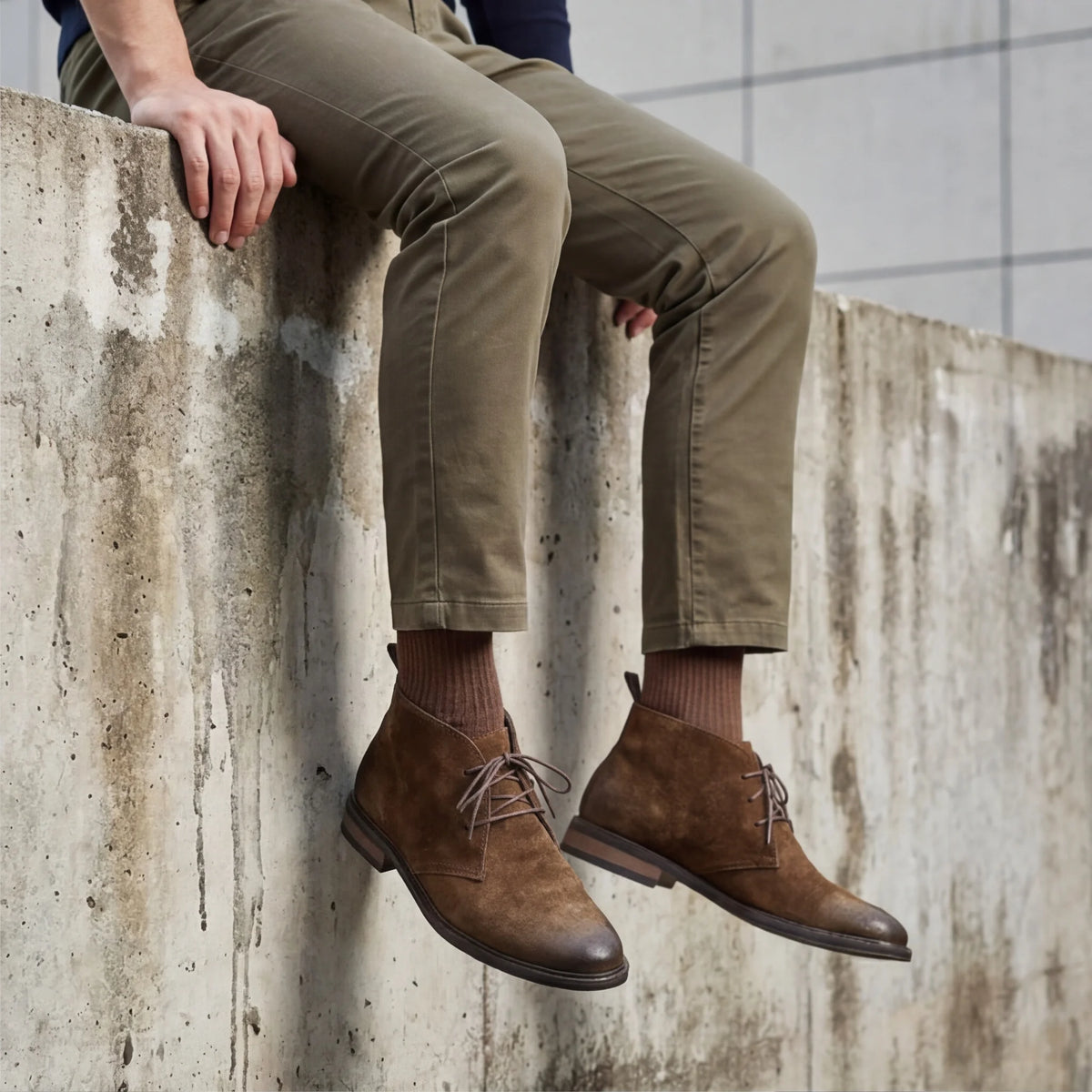 Pampa Suede Chukka Boot with olive trousers, sitting on a concrete wall