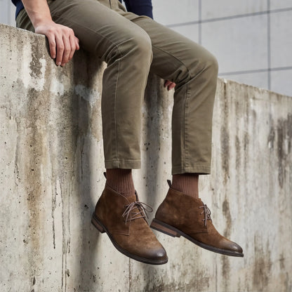 Pampa Suede Chukka Boot with olive trousers, sitting on a concrete wall