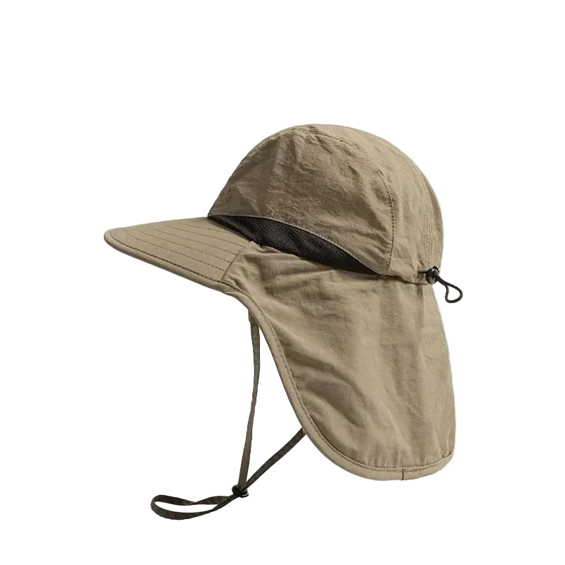 Trail Wide Brim Hat in Dark Khaki, side view, with the neck flap