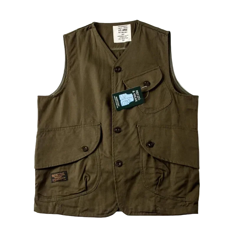 Expedition Cargo Vest in Dark Olive, front view, flat lay
