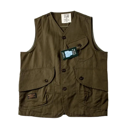 Expedition Cargo Vest in Dark Olive, front view, flat lay