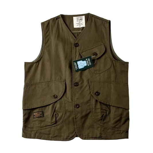 Expedition Cargo Vest in Dark Olive, front view, flat lay
