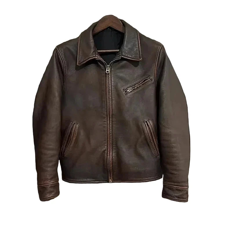 Garage Leather Jacket in Coffee, front view on a hanger