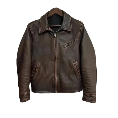 Garage Leather Jacket in Coffee, front view on a hanger