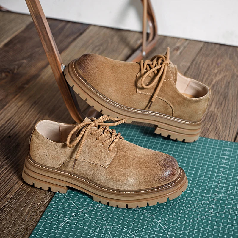 Workshop Suede Derby in Camel, side view, lugged sole