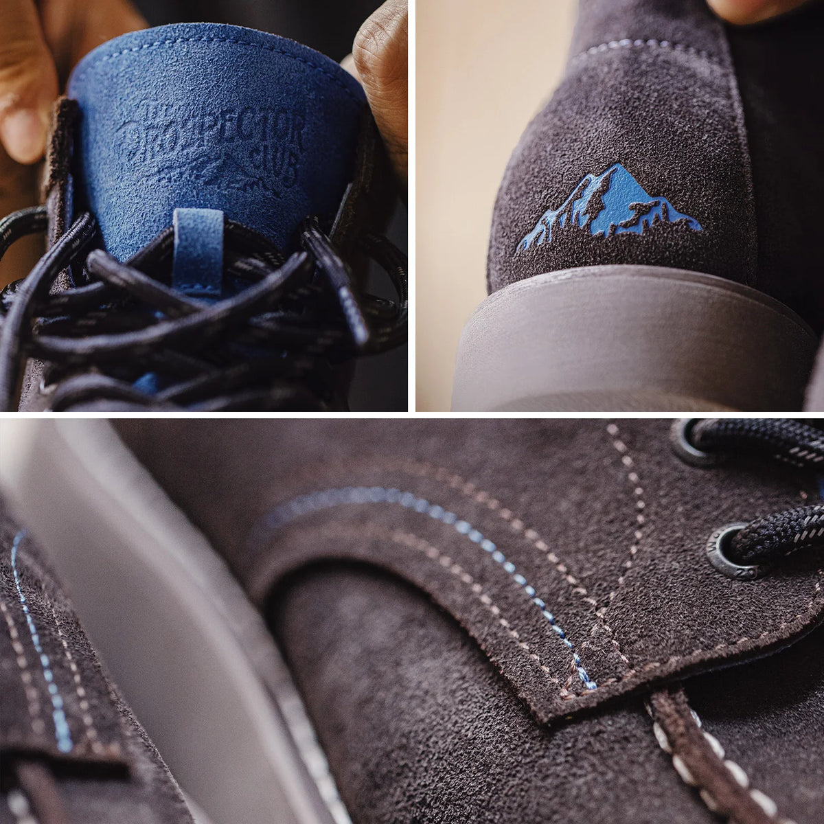 Details of the padded blue tongue, embossed mountain on the heel and blue topstitching on the moc seam