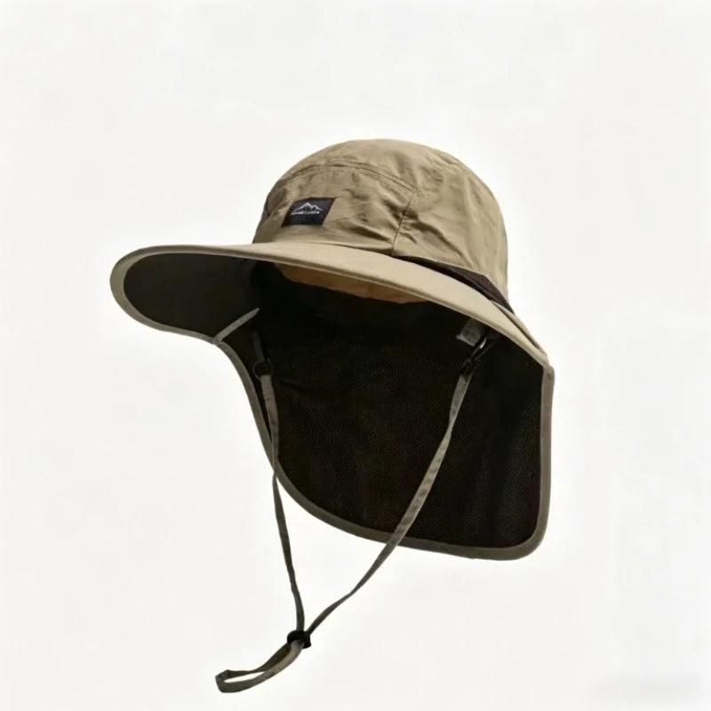 Trail Wide Brim Hat in Dark Khaki, neck flap seen from behind