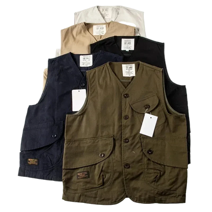 The five colors of the vest stacked, Stone, Khaki, Black, Navy and Dark Olive
