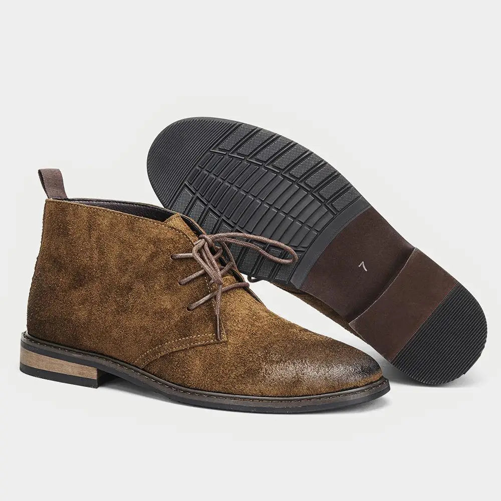 Pampa Suede Chukka Boot in Coffee with the rubber sole and stacked heel showing
