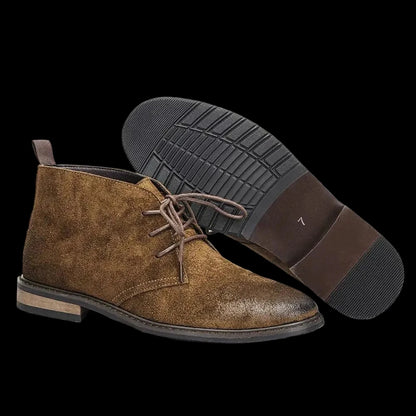 Pampa Suede Chukka Boot in Coffee with the rubber sole and stacked heel showing