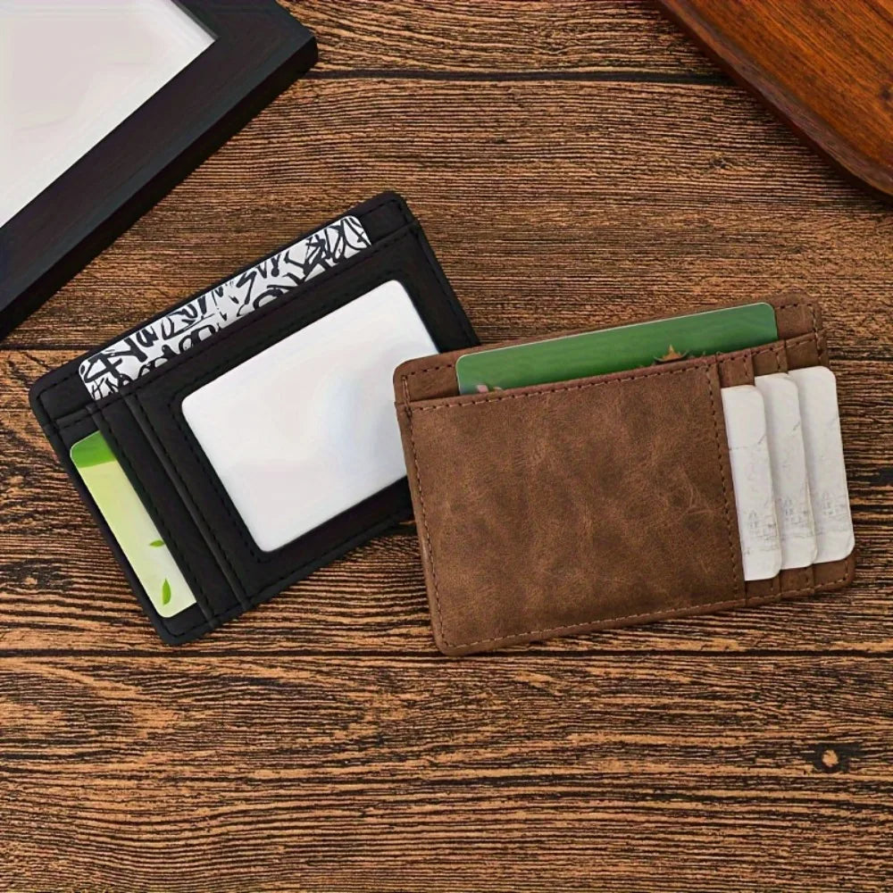 Open Road Slim Card Holder in Black and in Tobacco with cards, on a wooden table