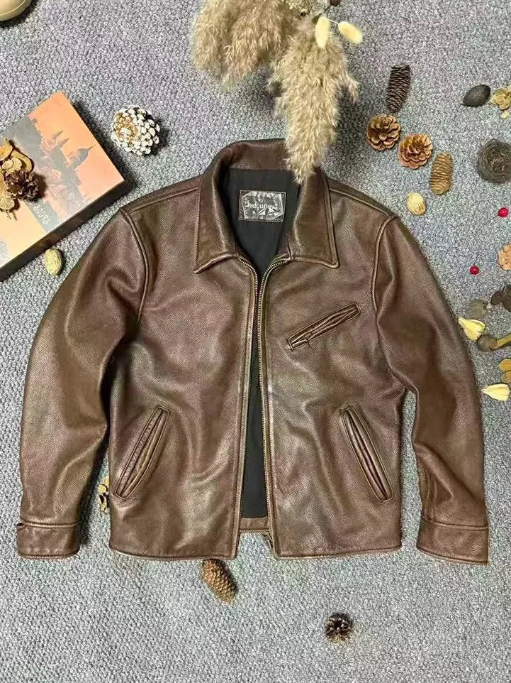 Garage Leather Jacket in Tobacco, front view, zipped