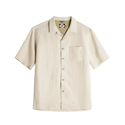 Dockworker Cuban Collar Shirt in Light Sand, front view, flat lay
