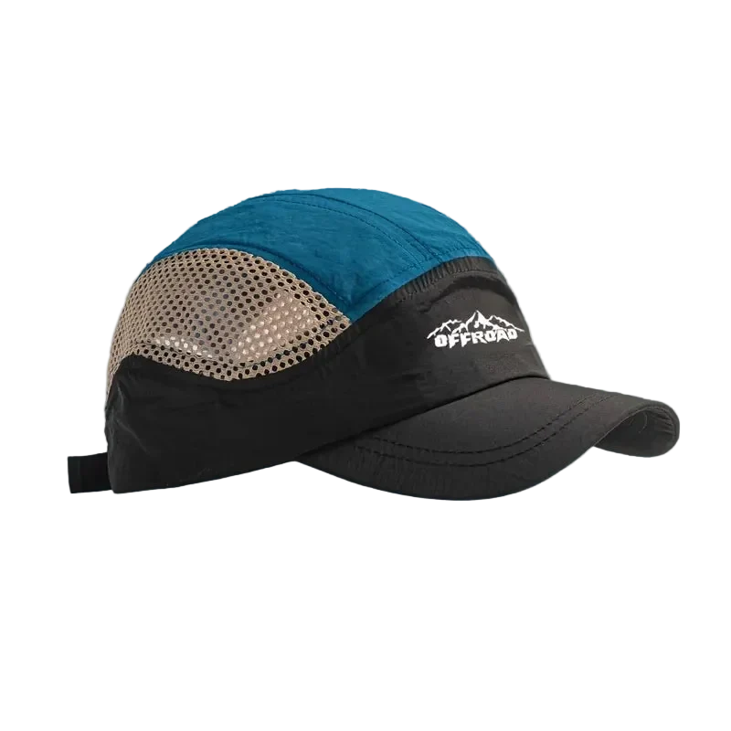 Offroad Runner Cap in Petrol Blue with sand mesh panels and white mountain embroidery