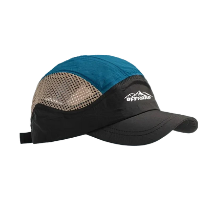 Offroad Runner Cap in Petrol Blue with sand mesh panels and white mountain embroidery