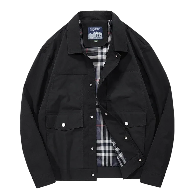 Coach Jacket with Plaid Lining in Black, front view, open to show the lining
