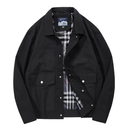 Coach Jacket with Plaid Lining in Black, front view, open to show the lining