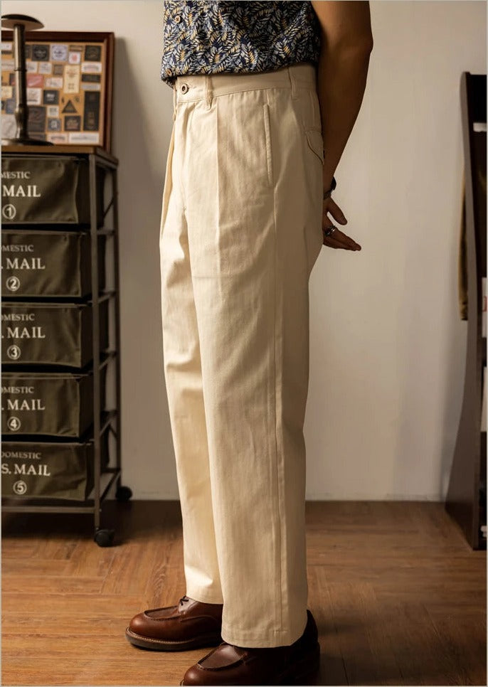 Red Tornado trousers in Ecru, side view, pocket and adjuster tab
