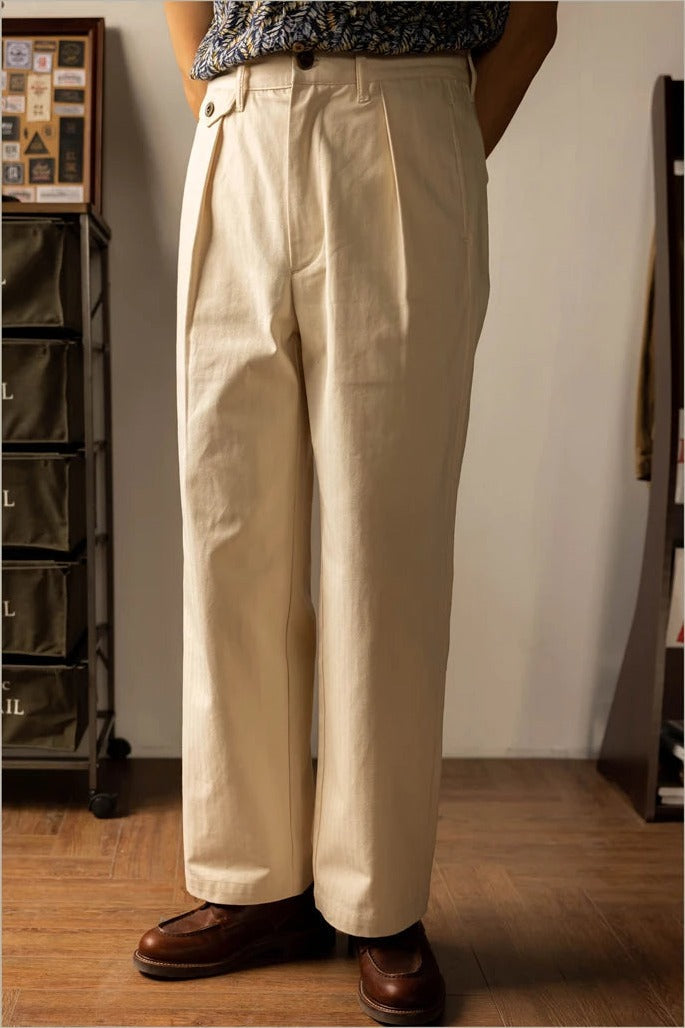 Red Tornado trousers in Ecru, front view, pleats and high waist