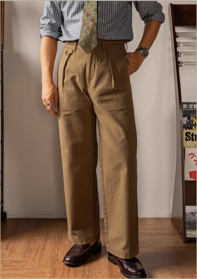 Red Tornado trousers in Khaki worn with a striped shirt and tie, front view