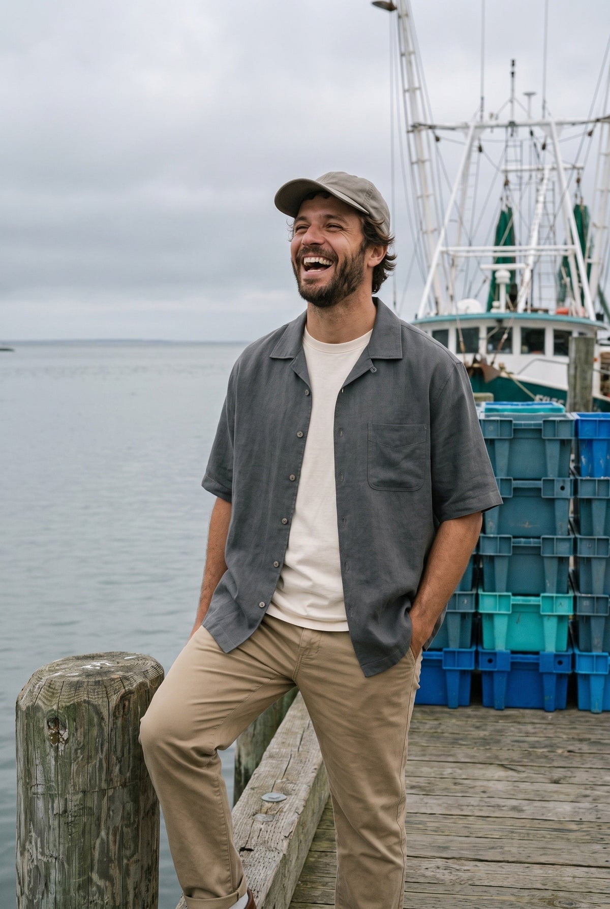 Man wearing the Slate Grey Dockworker shirt open over a tee at a fishing dock