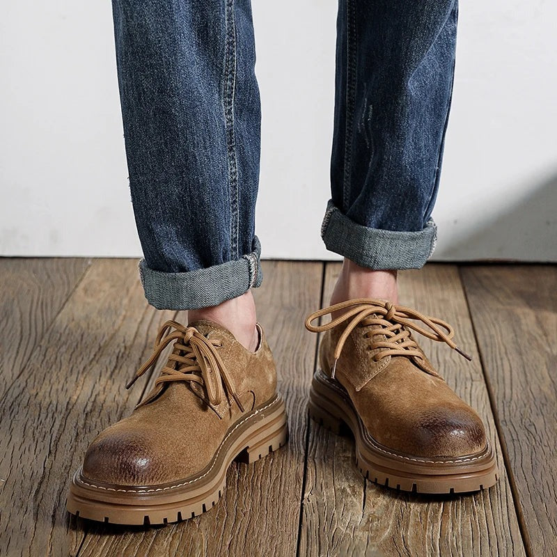 Workshop Suede Derby in Camel, side view on the foot, with rolled jeans