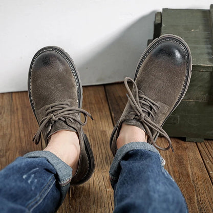 Workshop Suede Derby in Taupe, seen from above on the feet