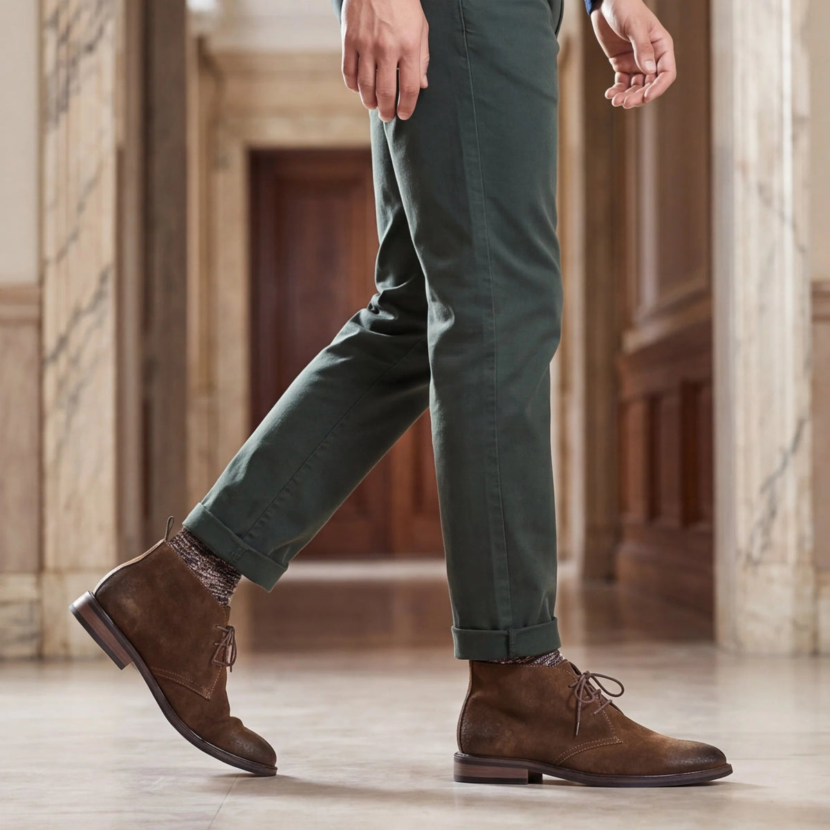 Pampa Suede Chukka Boot with green twill trousers, in motion