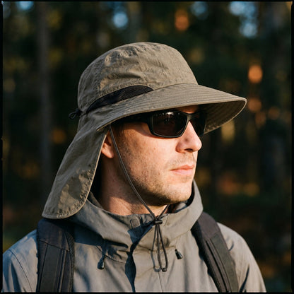 Trail Wide Brim Hat in Dark Khaki with the neck flap, worn on a forest trail
