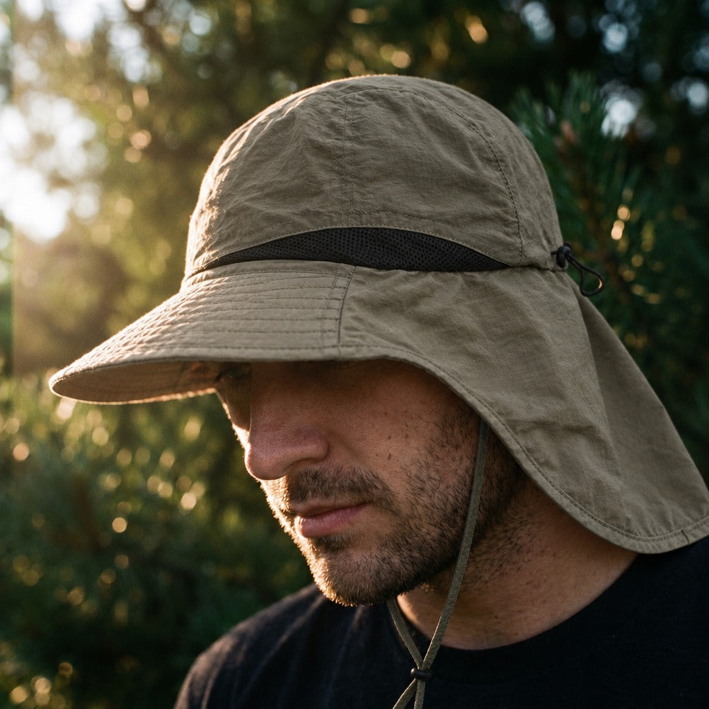 Trail Wide Brim Hat in Dark Khaki worn outdoors, brim shading the face